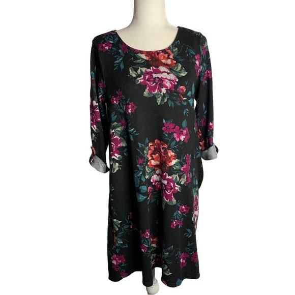 Apt 9 Floral Flannel Sweater Dress S Black Roll Tab Sleeve Pull Over Round Neck - Picture 1 of 6